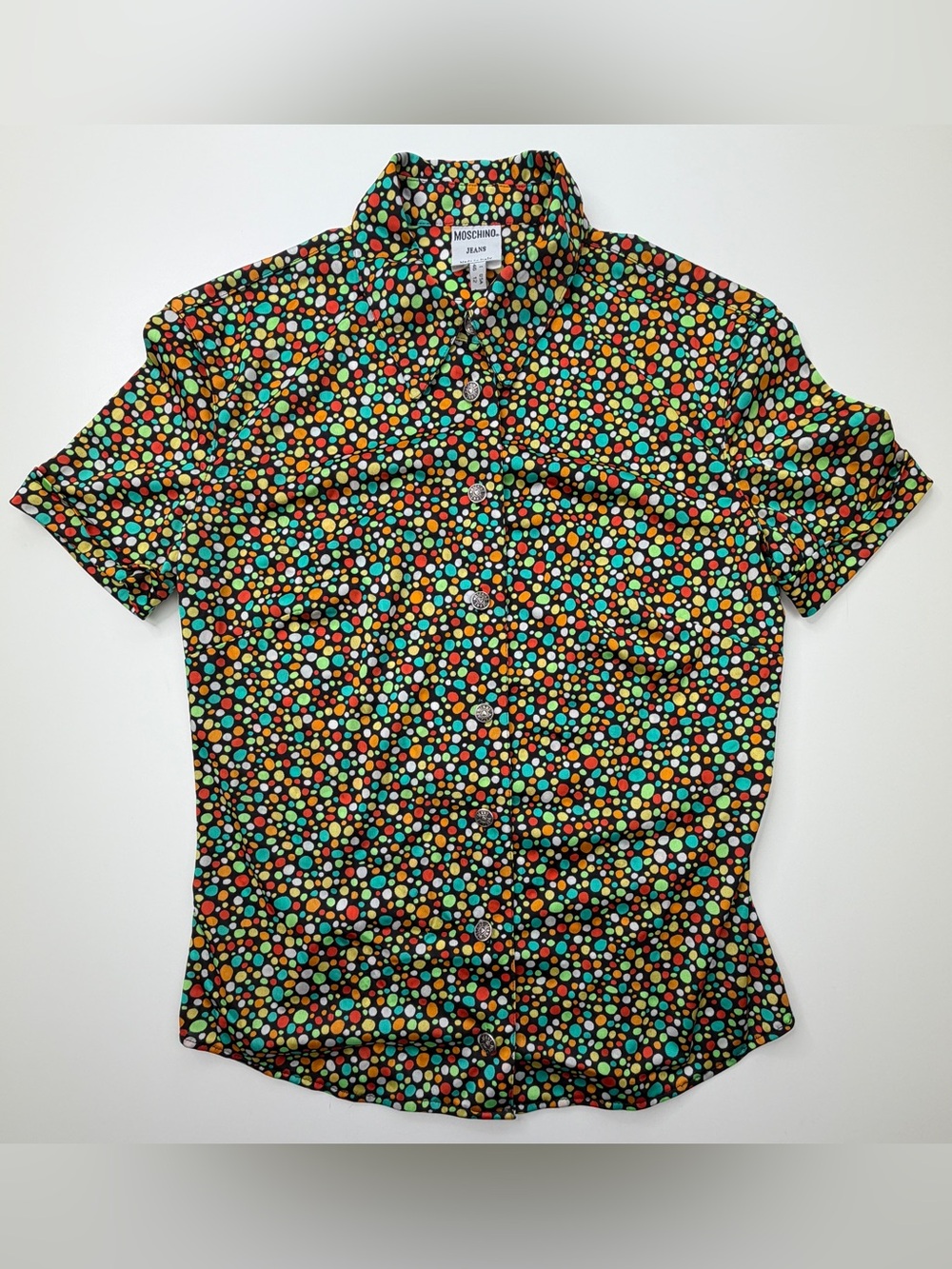Vintage Moschino Black Multicolor Polka Dot Short Sleeve Shirt Blouse GUC 12 (M)